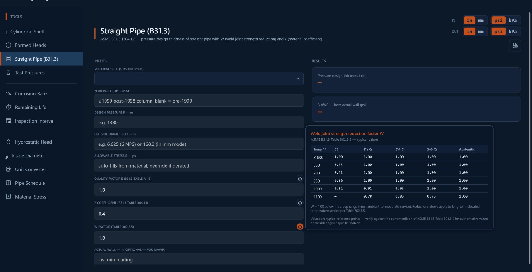 Datum Calc — Straight Pipe B31.3 with the longitudinal weld quality factor reference table