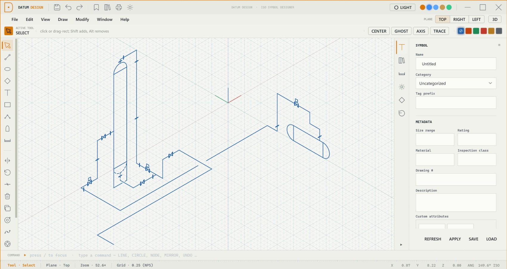 Datum Design — isometric symbol editor with a pressure vessel and piping drawn across iso planes