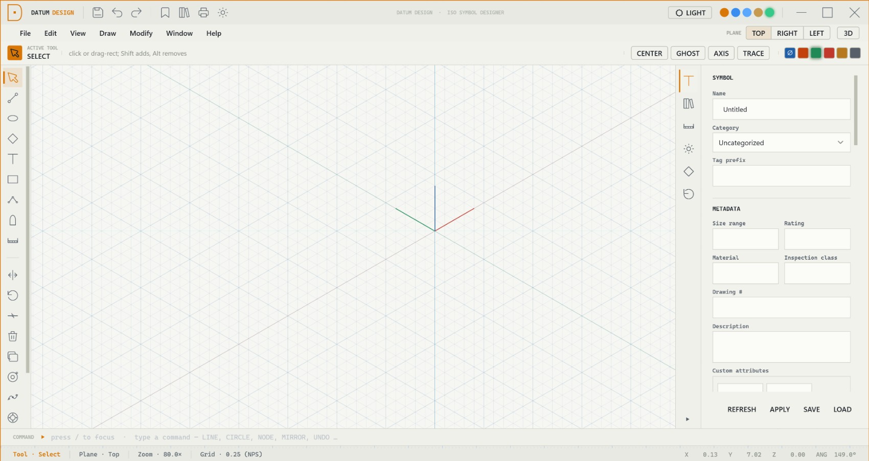 Datum Design — isometric grid canvas with the three-axis origin and drafting tools