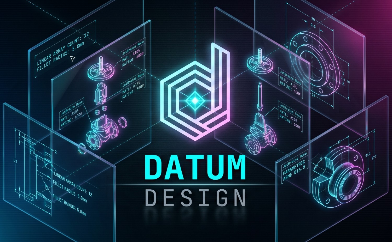 Datum Design — isometric valve and flange symbols visualized with dimensions