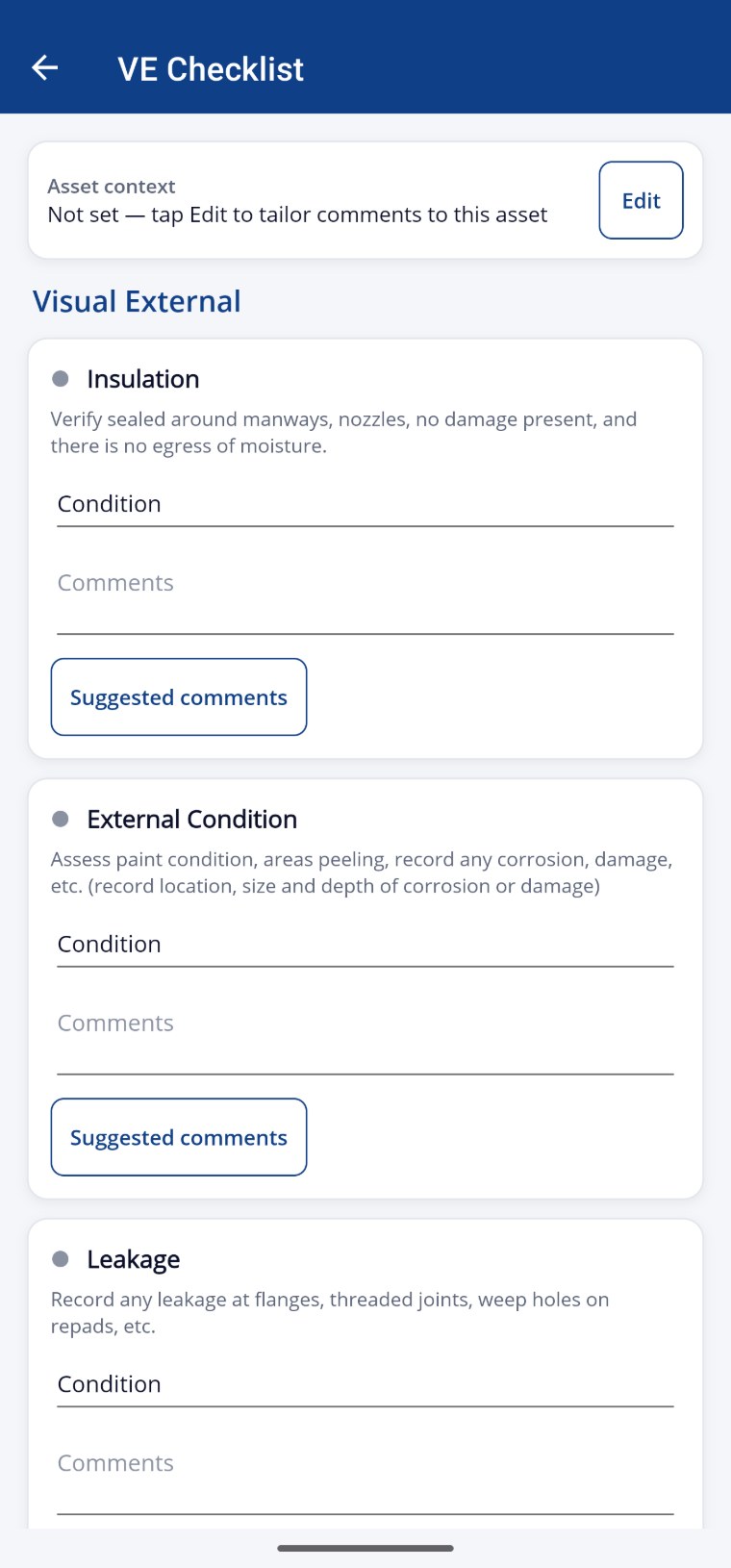 PlateLogic mobile — VE/VI checklist with suggested comments
