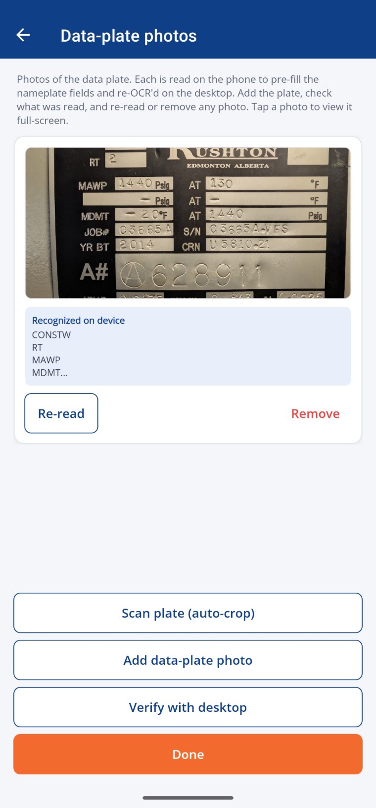 PlateLogic mobile — photograph the data plate, recognized on device