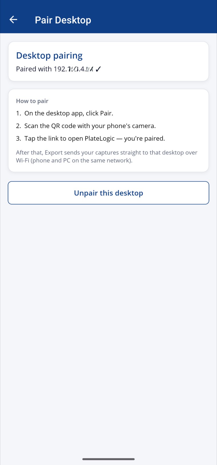 PlateLogic mobile — pair the desktop over Wi-Fi with a QR code