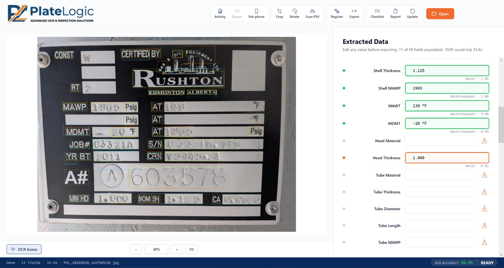 PlateLogic desktop reading a pressure-vessel nameplate — extracted fields with OCR confidence scoring