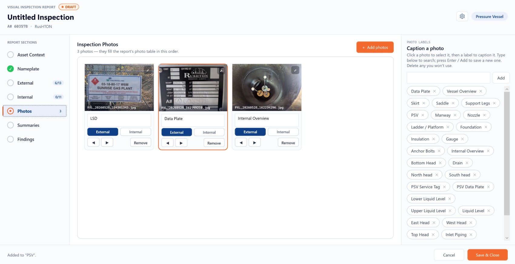PlateLogic Report Writer photos tab — captioned, tagged inspection photos that fill the report's photo table