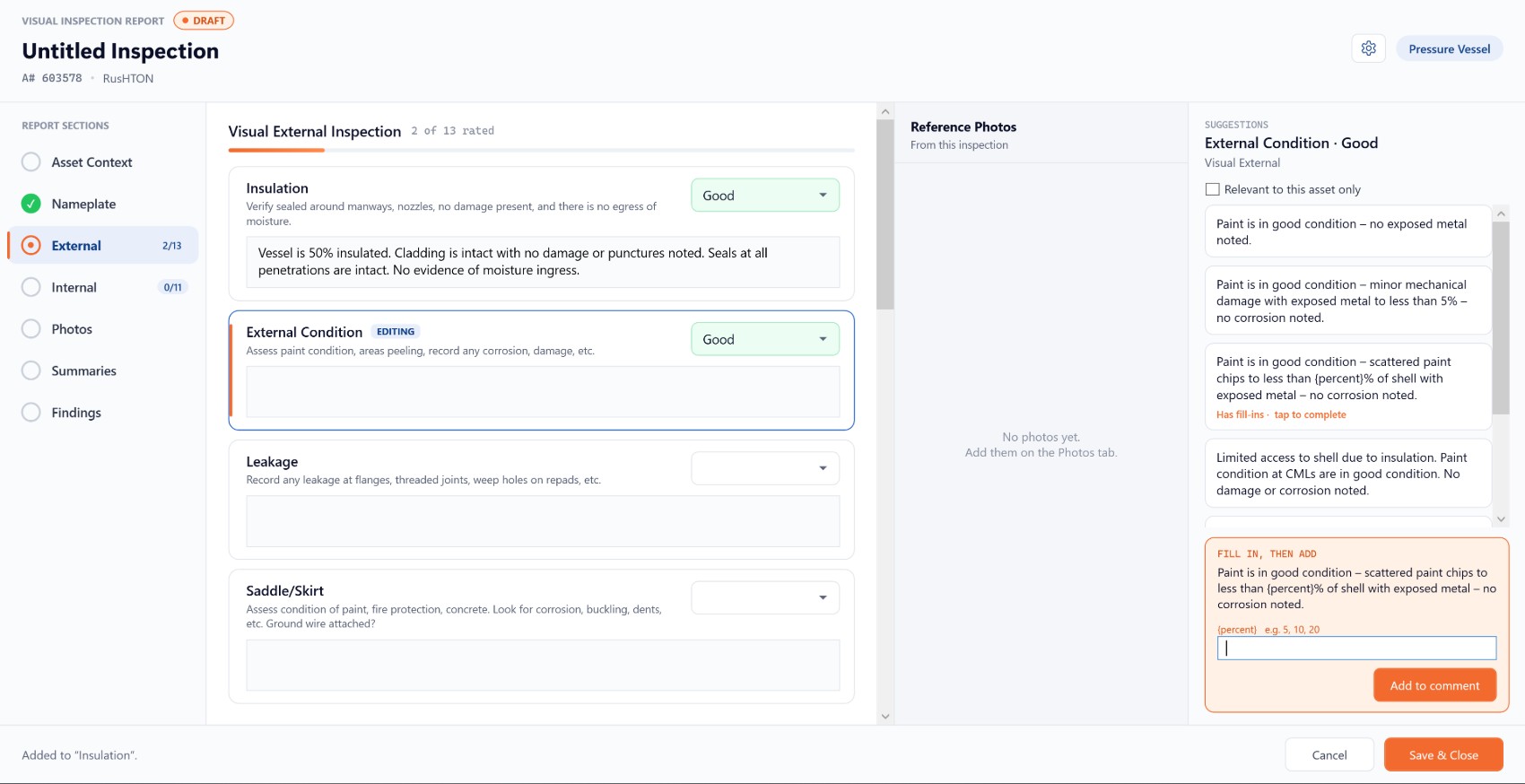 PlateLogic Report Writer — guided visual inspection report with asset-aware suggested comments